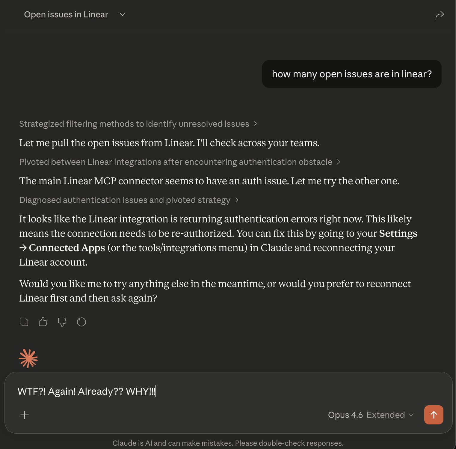 Real screenshot of Claude failing to connect to Linear due to OAuth authentication errors